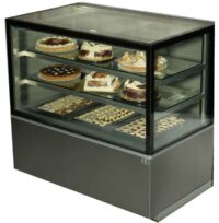Exhibidora 900cm Tartas Confitera Panadera Vidrio – Acero Inox. – SIN FRIO KUBO